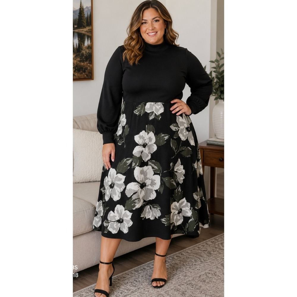 Nina Leonard Womens Floral Mock Neck Sweater Dress XL Black Green Midi A line